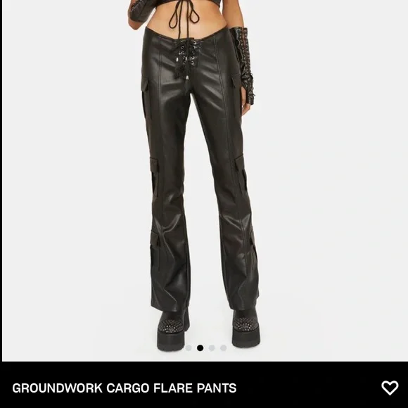 Club Exx Groundwork Cargo Flare Vegan Leather Lace-Up Low Rise Pants DollsKill - Picture 2 of 14